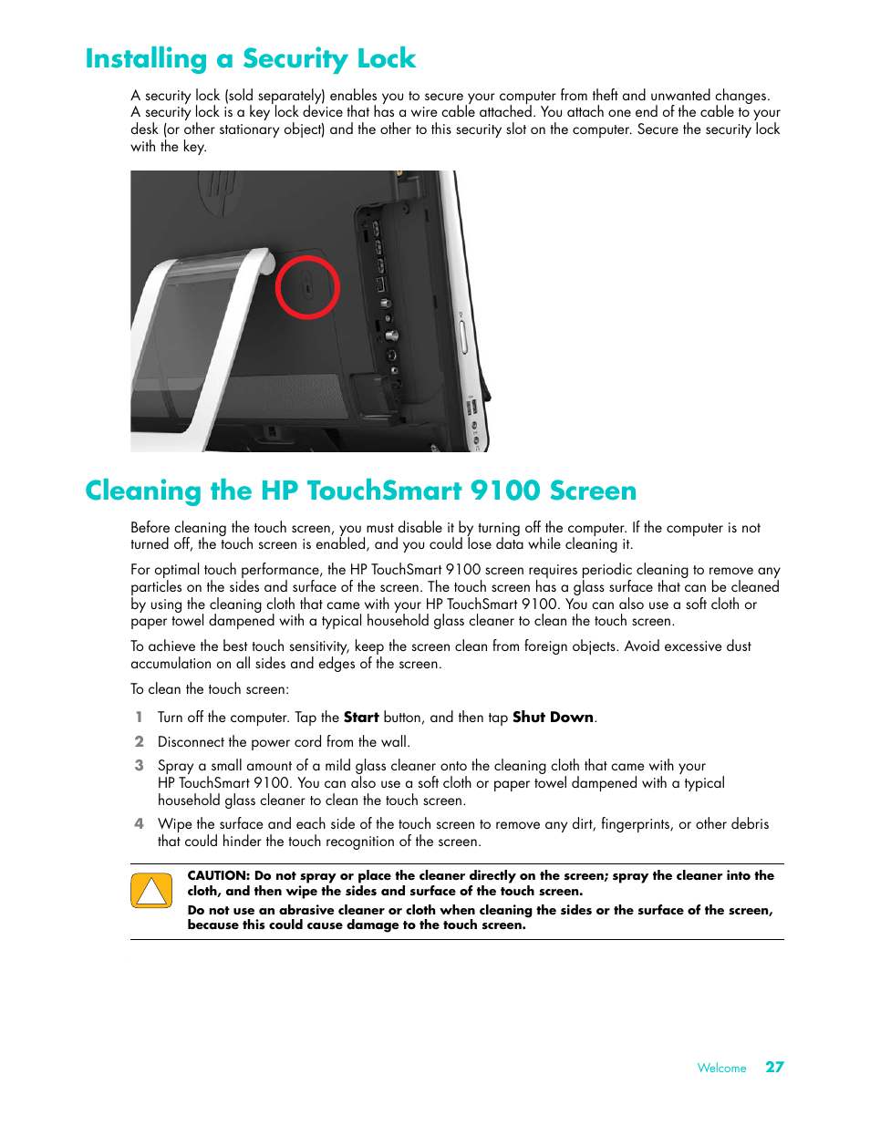 Installing a security lock, Cleaning the hp touchsmart 9100 screen | HP TouchSmart 9100 All-in-One-PC User Manual | Page 33 / 72