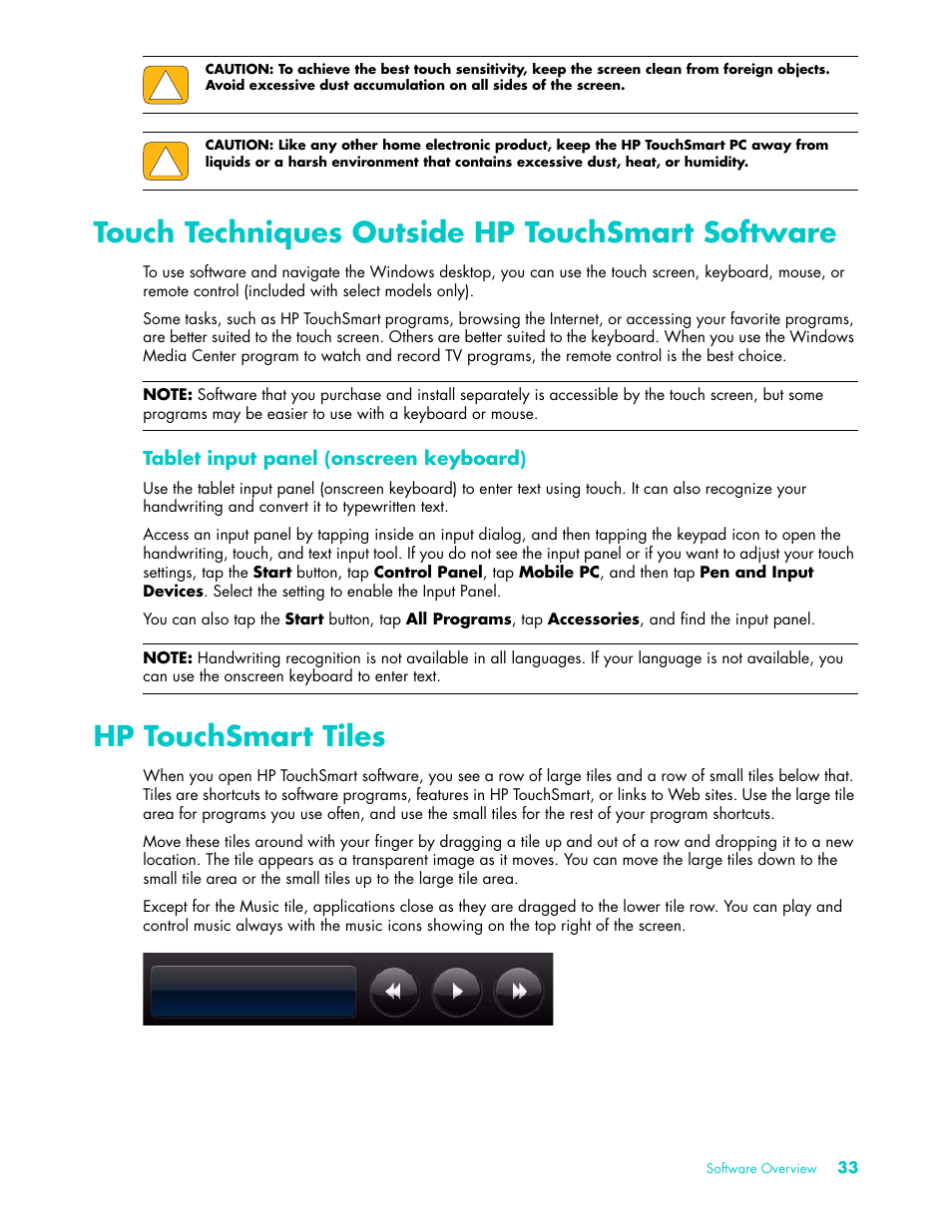 Touch techniques outside hp touchsmart software, Hp touchsmart tiles | HP TouchSmart 9100 All-in-One-PC User Manual | Page 39 / 72