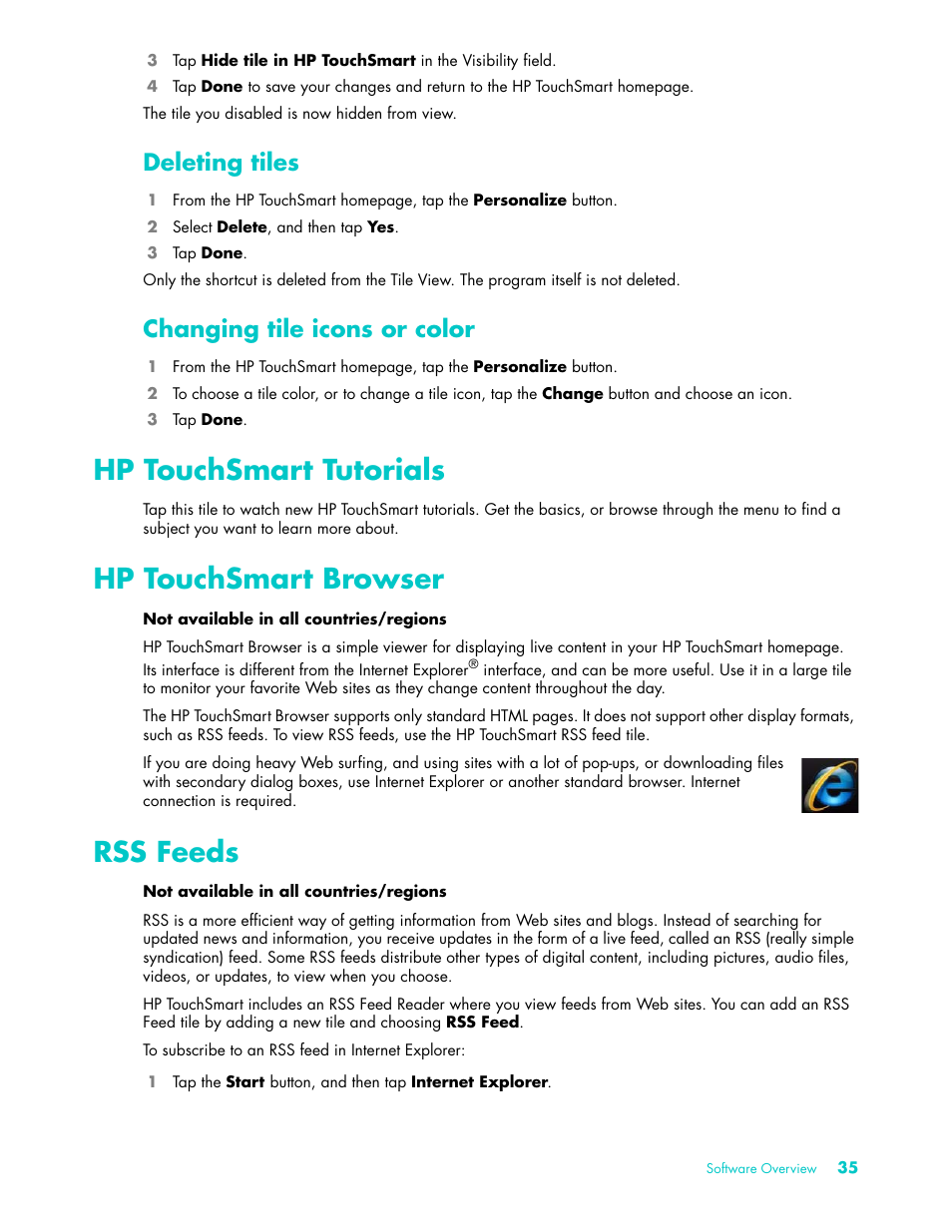 Deleting tiles, Changing tile icons or color, Hp touchsmart tutorials | Hp touchsmart browser, Rss feeds, Deleting tiles changing tile icons or color | HP TouchSmart 9100 All-in-One-PC User Manual | Page 41 / 72