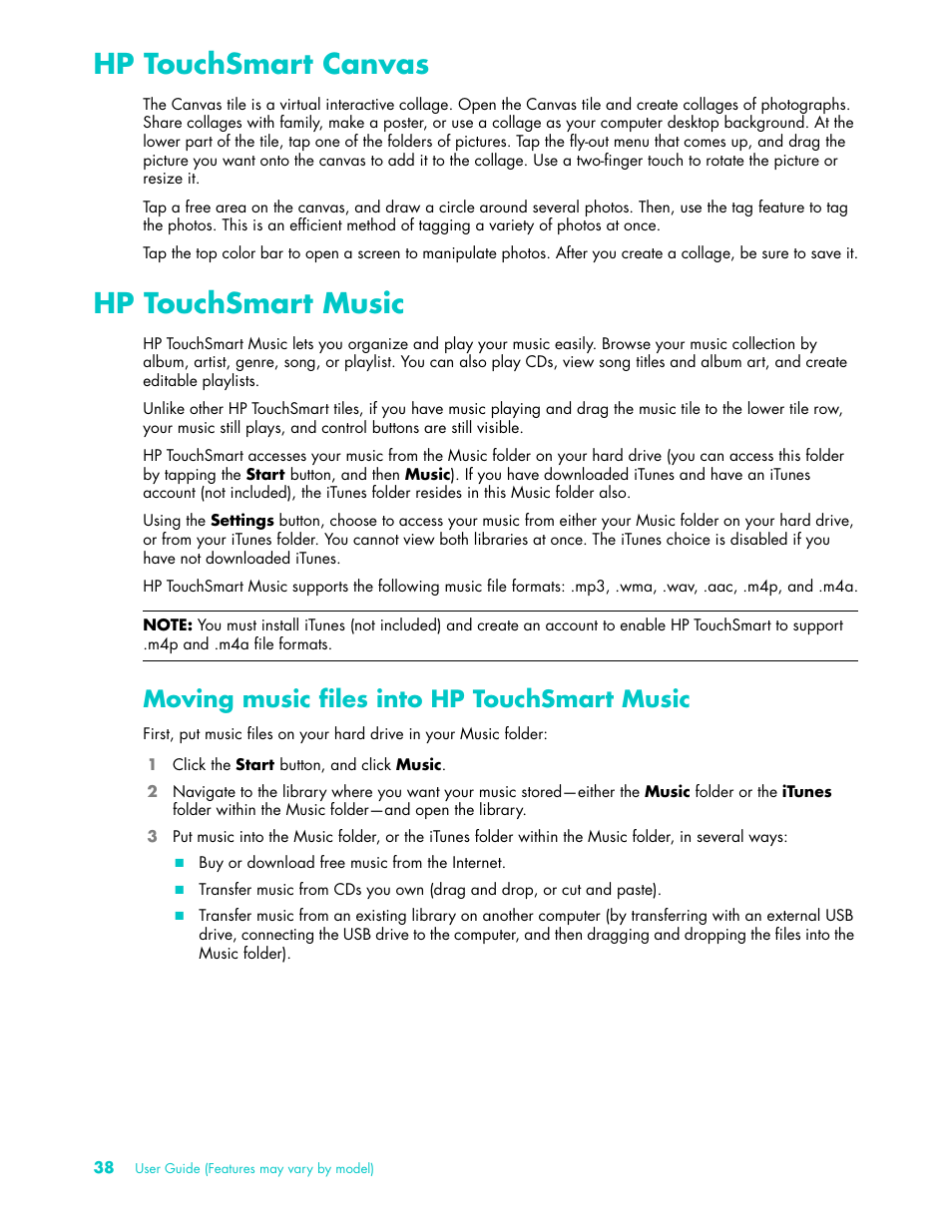Hp touchsmart canvas, Hp touchsmart music, Moving music files into hp touchsmart music | Hp touchsmart canvas hp touchsmart music | HP TouchSmart 9100 All-in-One-PC User Manual | Page 44 / 72