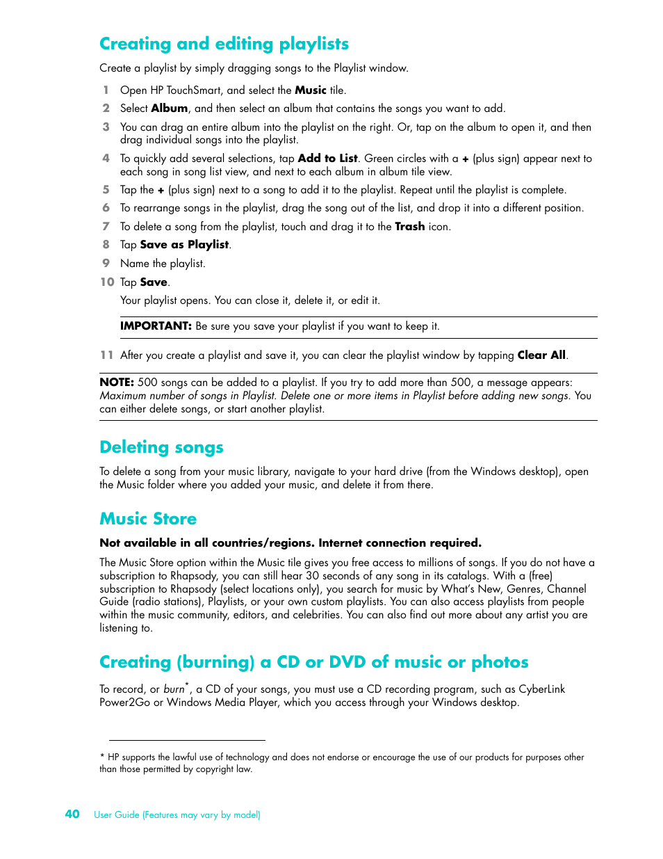 Creating and editing playlists, Deleting songs, Music store | Creating (burning) a cd or dvd of music or photos | HP TouchSmart 9100 All-in-One-PC User Manual | Page 46 / 72
