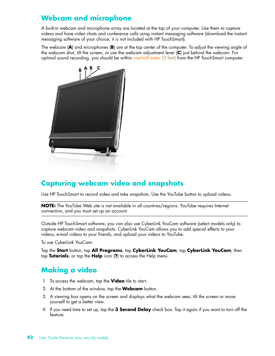 Webcam and microphone, Capturing webcam video and snapshots, Making a video | HP TouchSmart 9100 All-in-One-PC User Manual | Page 48 / 72