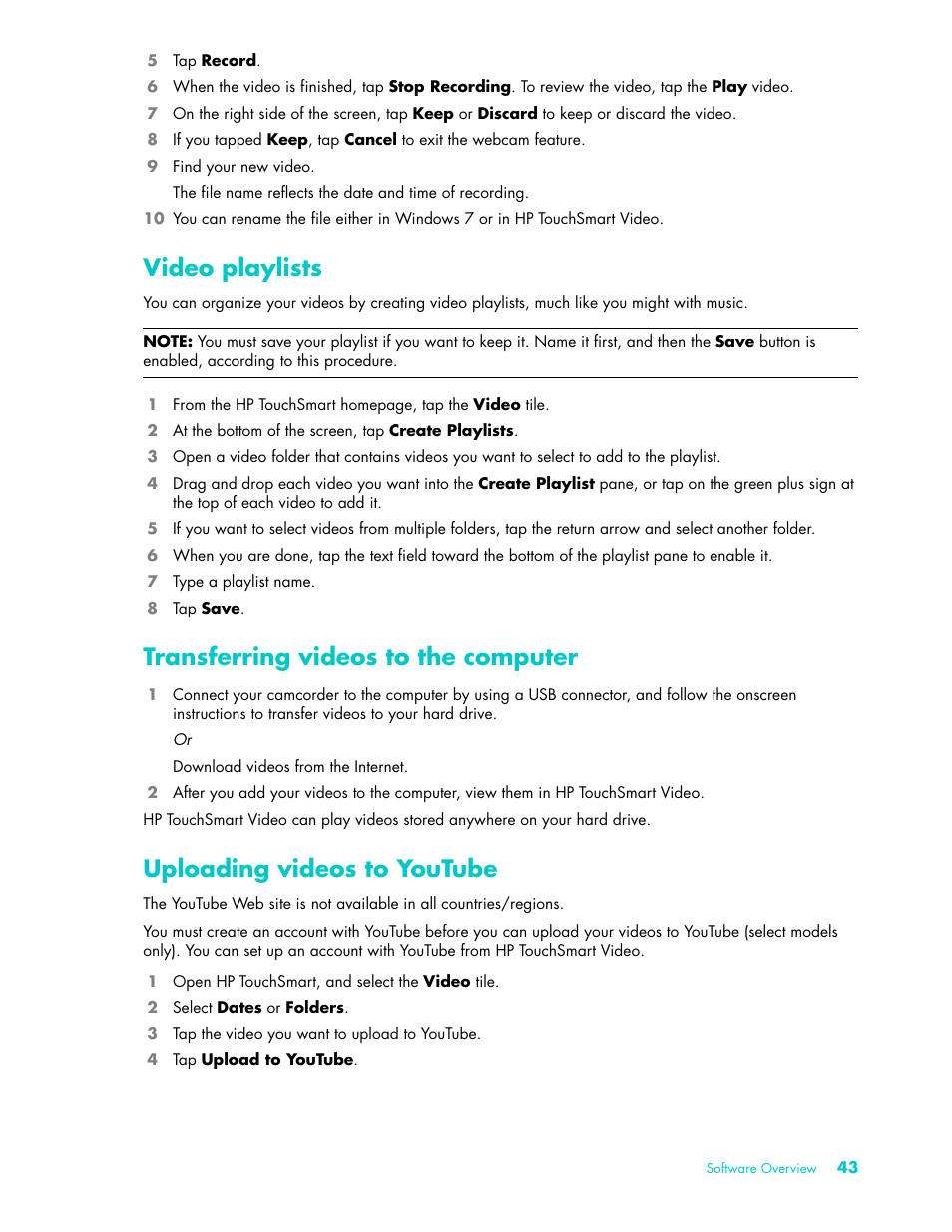 Video playlists, Transferring videos to the computer, Uploading videos to youtube | HP TouchSmart 9100 All-in-One-PC User Manual | Page 49 / 72