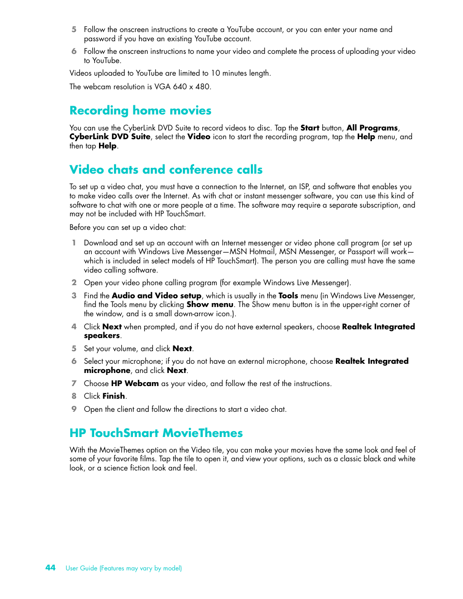 Recording home movies, Video chats and conference calls, Hp touchsmart moviethemes | HP TouchSmart 9100 All-in-One-PC User Manual | Page 50 / 72