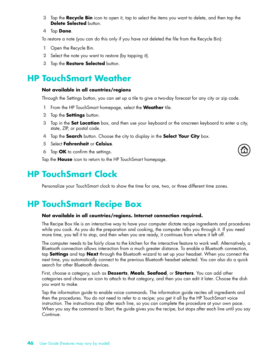 Hp touchsmart weather, Hp touchsmart clock, Hp touchsmart recipe box | HP TouchSmart 9100 All-in-One-PC User Manual | Page 52 / 72