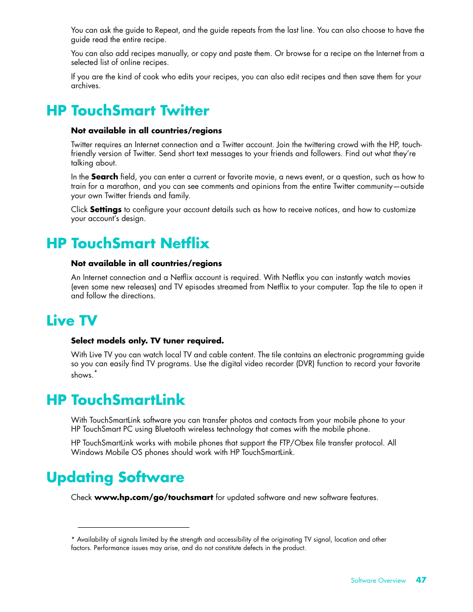 Hp touchsmart twitter, Hp touchsmart netflix, Live tv | Hp touchsmartlink, Updating software | HP TouchSmart 9100 All-in-One-PC User Manual | Page 53 / 72