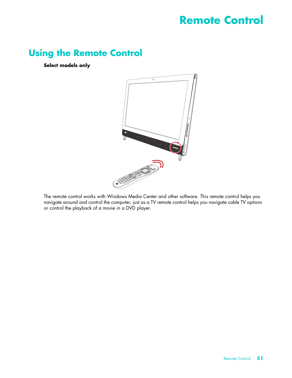 Remote control, Using the remote control | HP TouchSmart 9100 All-in-One-PC User Manual | Page 57 / 72