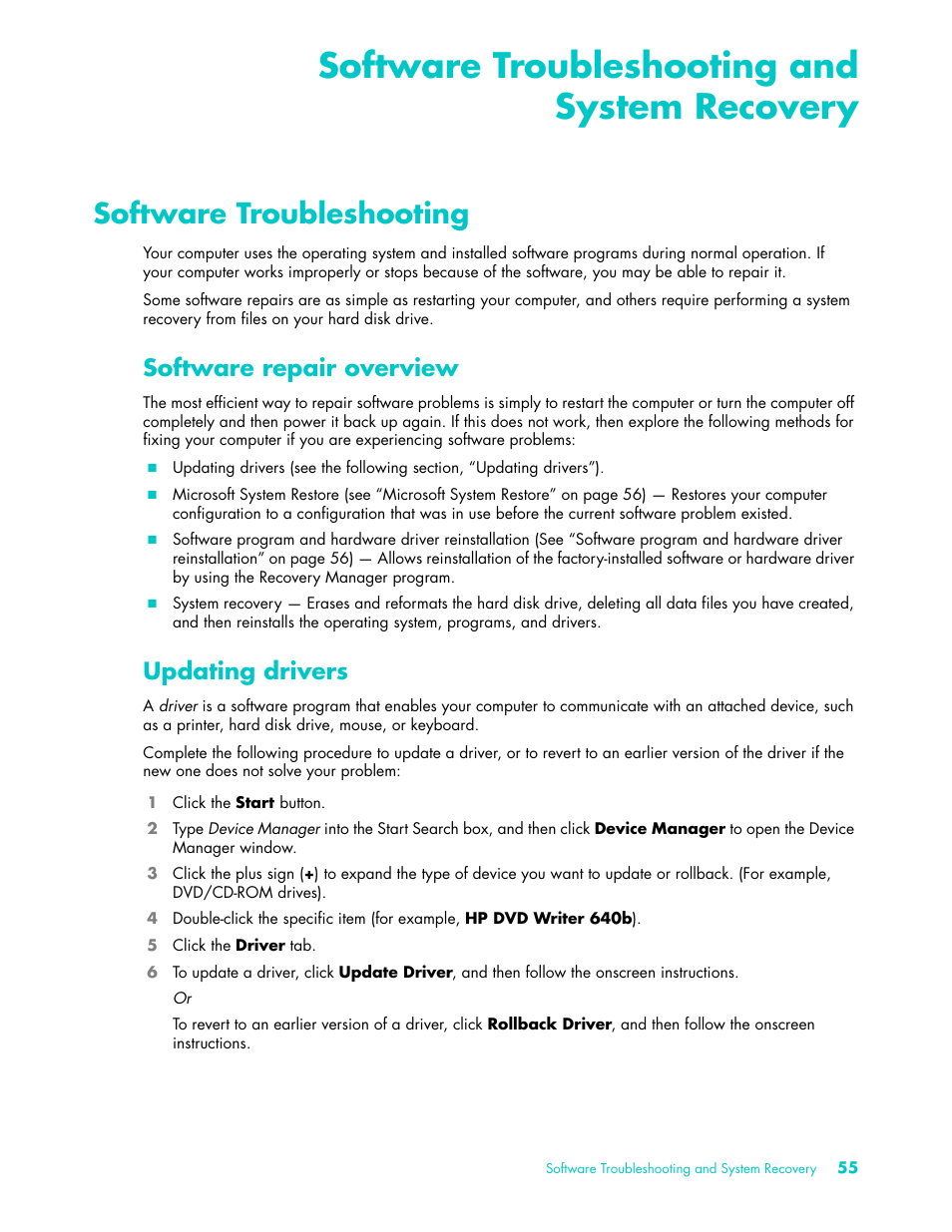 Software troubleshooting and system recovery, Software troubleshooting, Software repair overview | Updating drivers, Software repair overview updating drivers | HP TouchSmart 9100 All-in-One-PC User Manual | Page 61 / 72