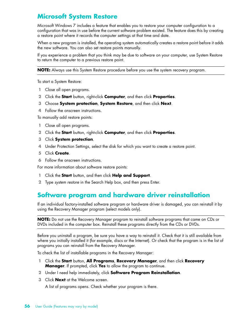 Microsoft system restore | HP TouchSmart 9100 All-in-One-PC User Manual | Page 62 / 72