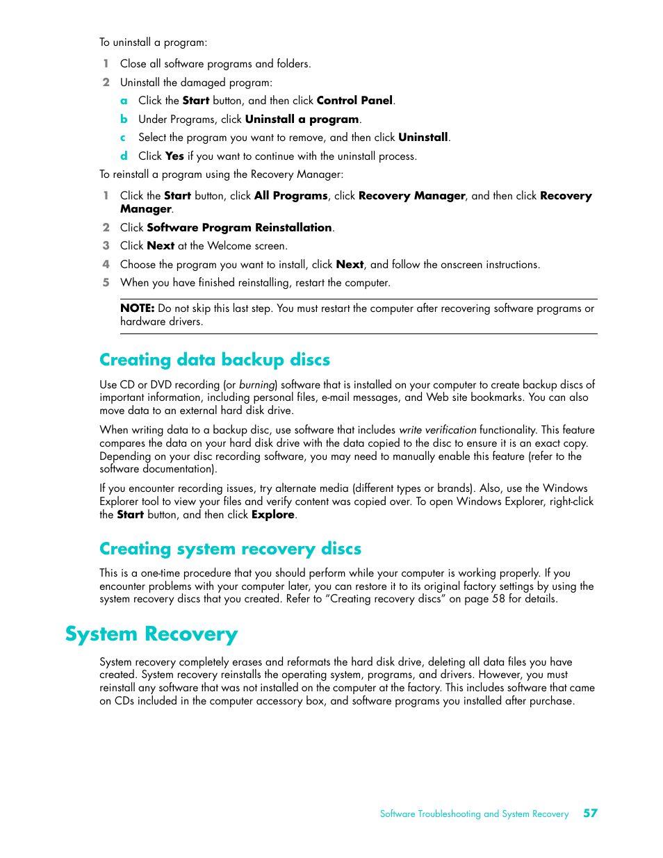 Creating data backup discs, Creating system recovery discs, System recovery | HP TouchSmart 9100 All-in-One-PC User Manual | Page 63 / 72