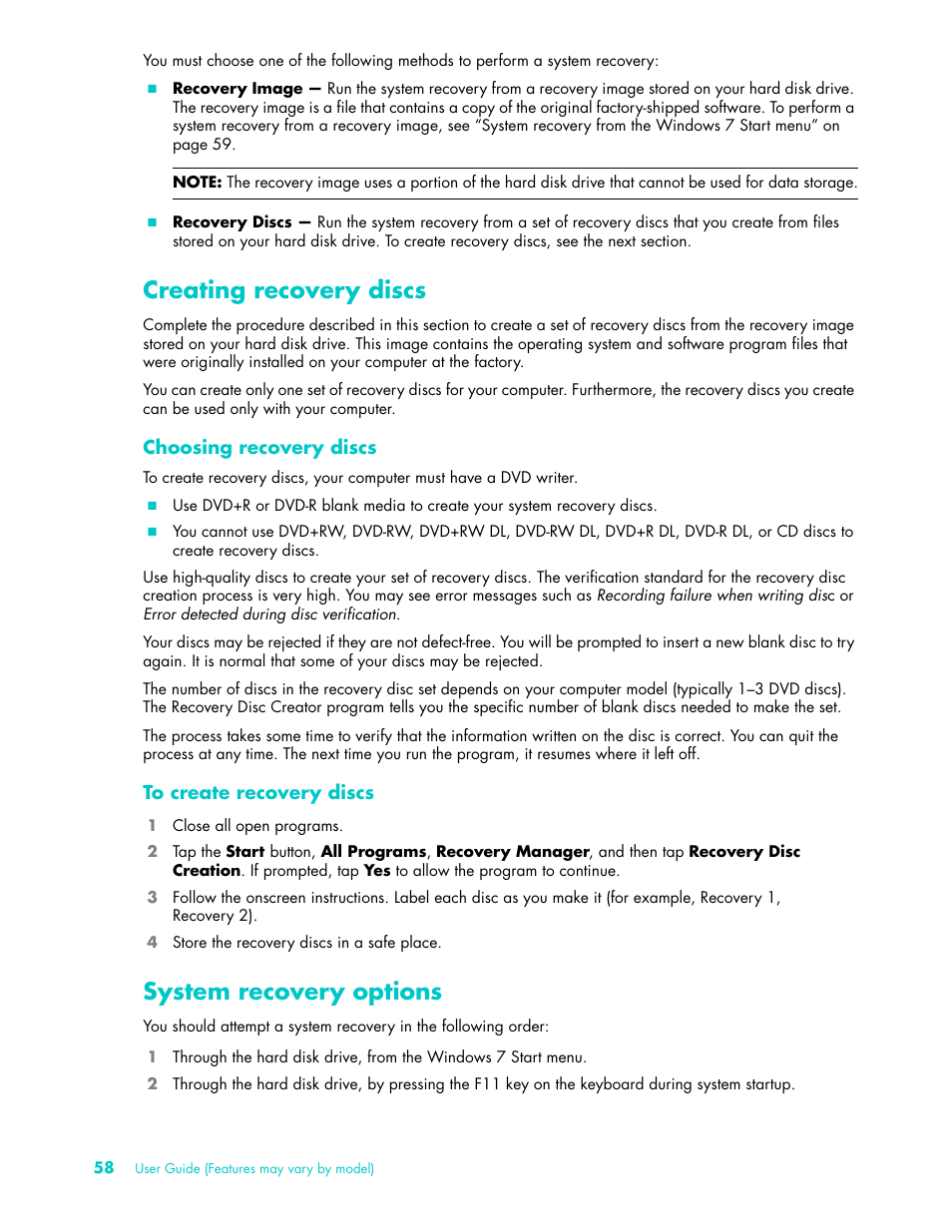 Creating recovery discs, System recovery options, Creating recovery discs system recovery options | HP TouchSmart 9100 All-in-One-PC User Manual | Page 64 / 72