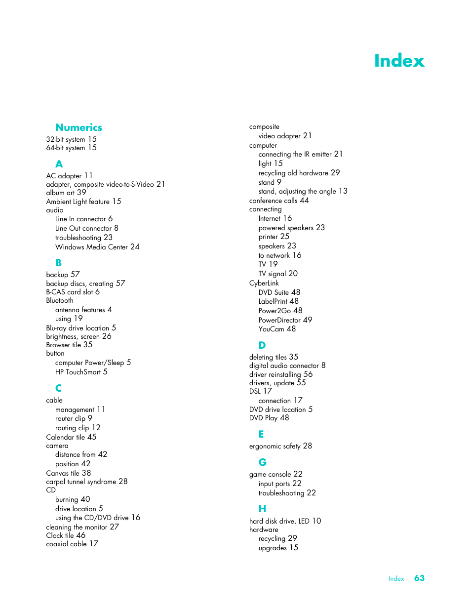 Index | HP TouchSmart 9100 All-in-One-PC User Manual | Page 69 / 72