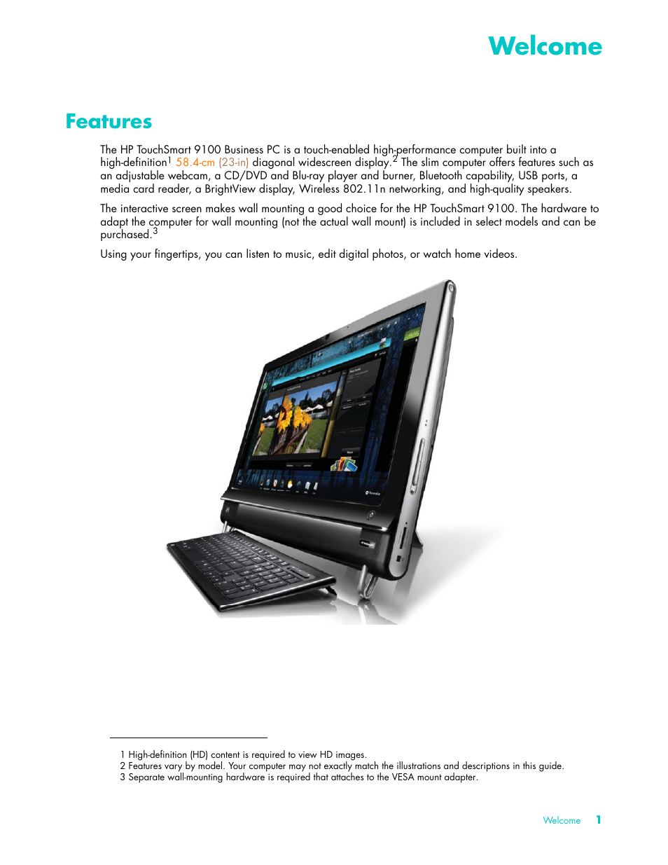 Welcome, Features, Able of contents | HP TouchSmart 9100 All-in-One-PC User Manual | Page 7 / 72