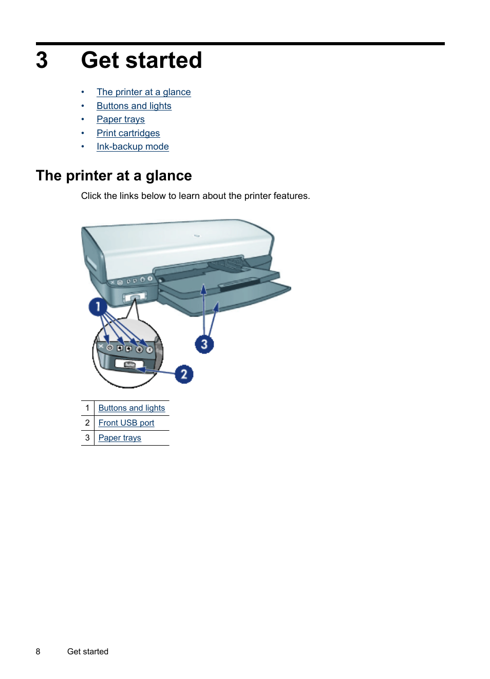 Get started, The printer at a glance, 3 get started | 3get started | HP Deskjet D4268 Printer User Manual | Page 10 / 116