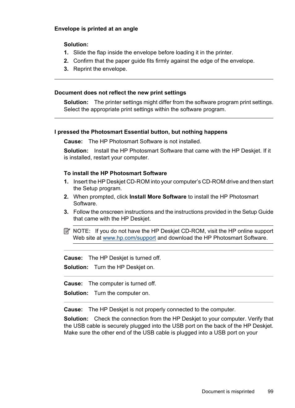 Envelope is printed at an angle, Document does not reflect the new print settings | HP Deskjet D4268 Printer User Manual | Page 101 / 116