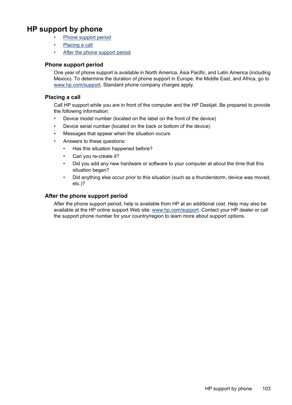 Hp support by phone, Phone support period, Placing a call | After the phone support period | HP Deskjet D4268 Printer User Manual | Page 105 / 116
