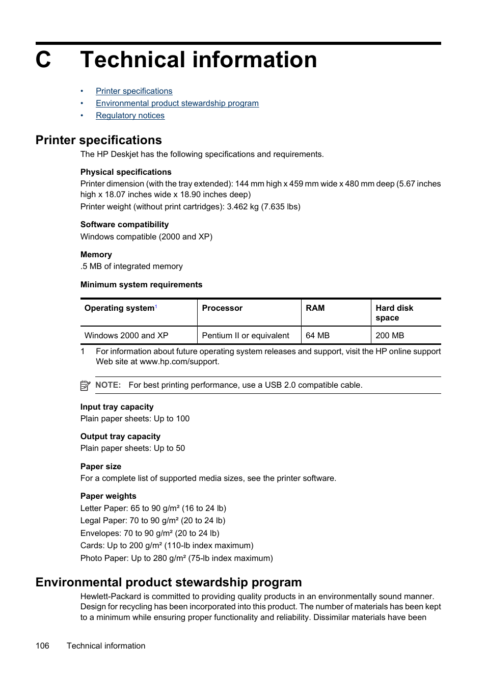 Technical information, Printer specifications, Environmental product stewardship program | C technical information, Specifications, Paper weight, Ctechnical information | HP Deskjet D4268 Printer User Manual | Page 108 / 116