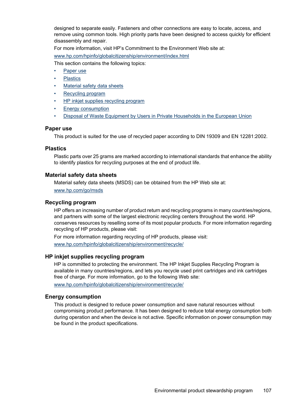 Paper use, Plastics, Material safety data sheets | Recycling program, Hp inkjet supplies recycling program, Energy consumption, Ridges, see, Hp inkjet supplies recycling, Program | HP Deskjet D4268 Printer User Manual | Page 109 / 116