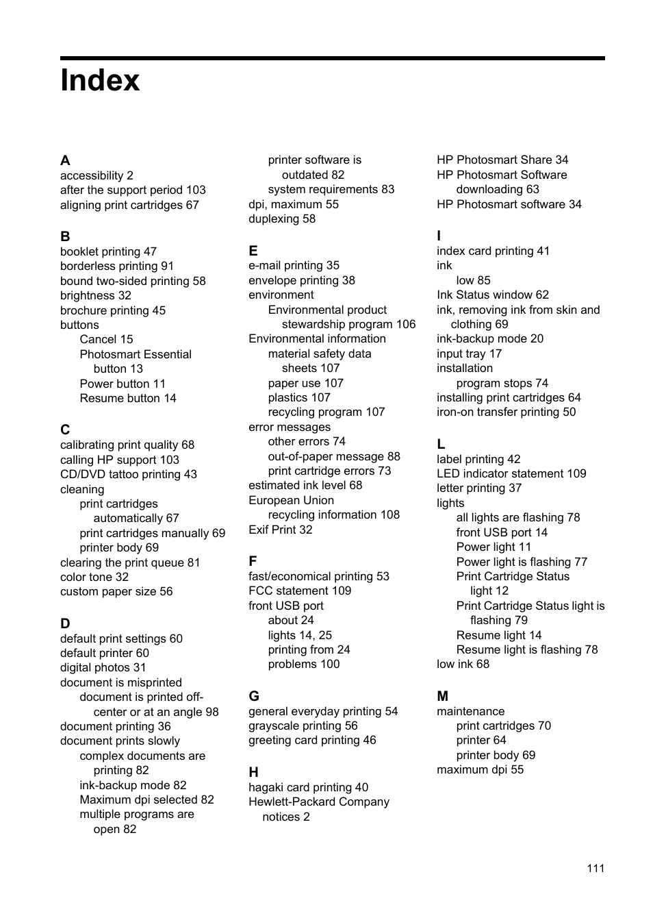 Index | HP Deskjet D4268 Printer User Manual | Page 113 / 116