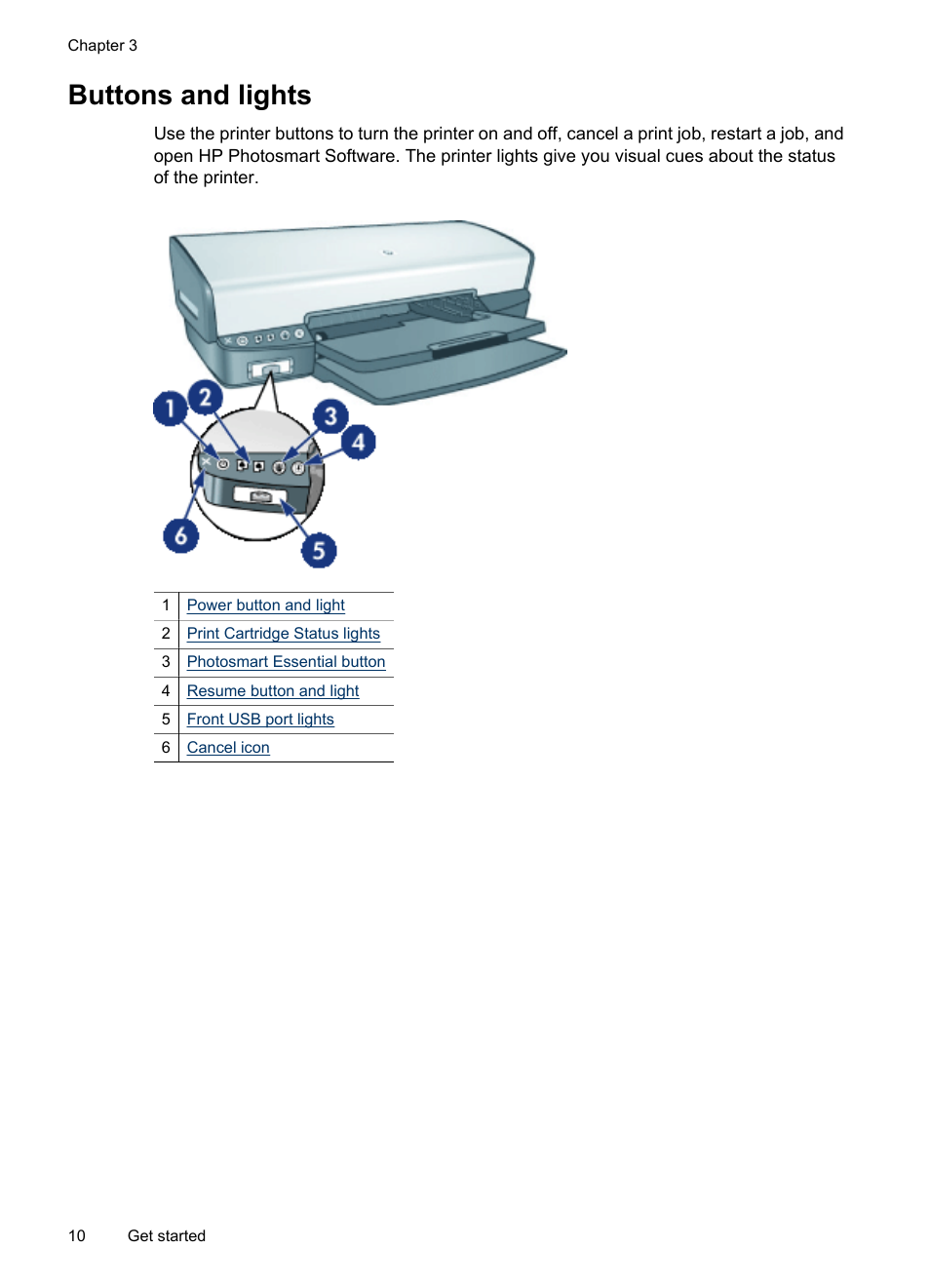 Buttons and lights | HP Deskjet D4268 Printer User Manual | Page 12 / 116