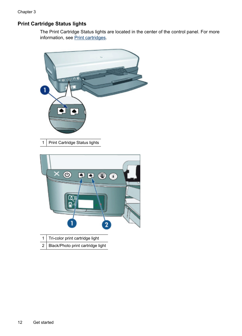 Print cartridge status lights | HP Deskjet D4268 Printer User Manual | Page 14 / 116