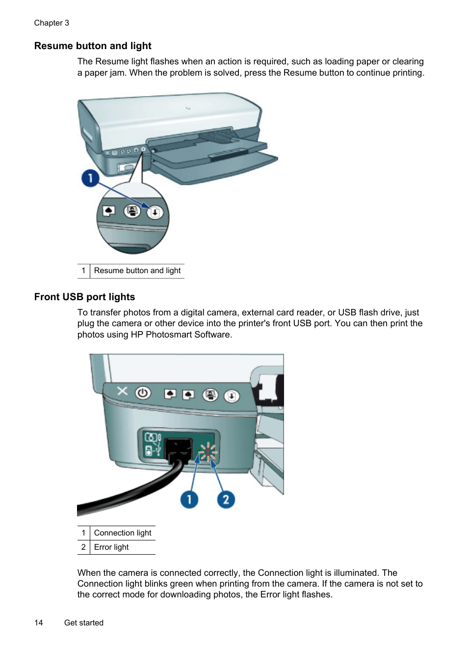 Resume button and light, Front usb port lights | HP Deskjet D4268 Printer User Manual | Page 16 / 116