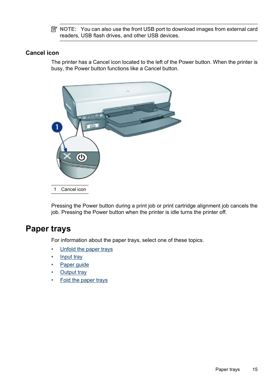 Cancel icon, Paper trays | HP Deskjet D4268 Printer User Manual | Page 17 / 116