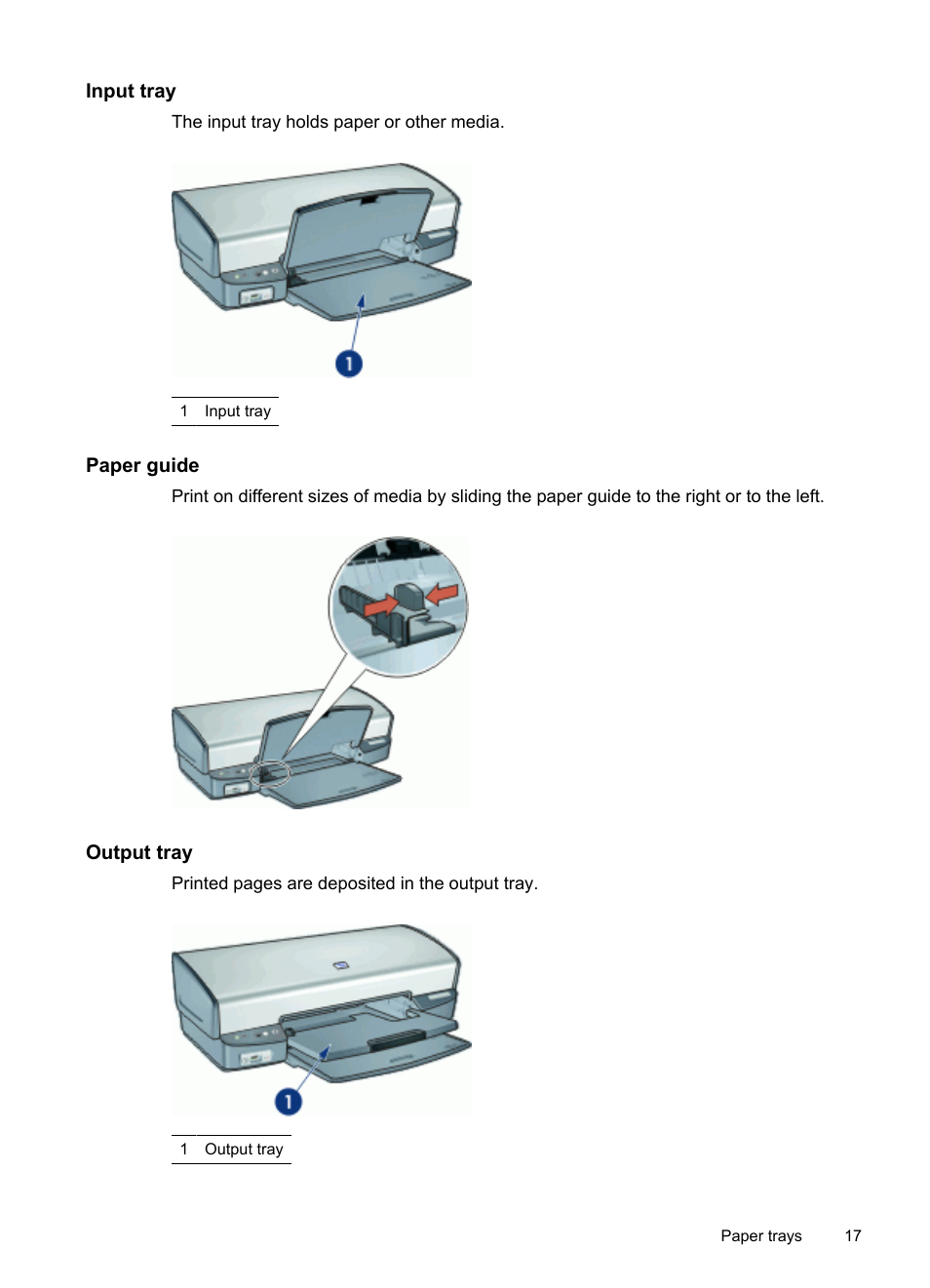 Input tray, Paper guide, Output tray | HP Deskjet D4268 Printer User Manual | Page 19 / 116