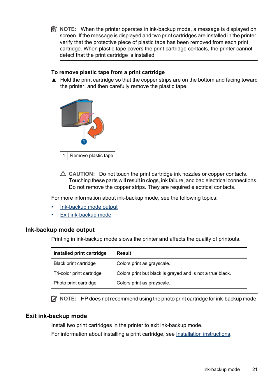 Ink-backup mode output, Exit ink-backup mode | HP Deskjet D4268 Printer User Manual | Page 23 / 116