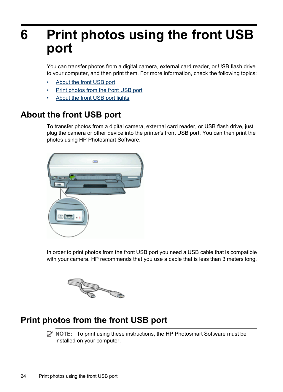 Print photos using the front usb port, About the front usb port, Print photos from the front usb port | 6 print photos using the front usb port, Print photos from a digital camera, Front usb, Front usb port, 6print photos using the front usb port | HP Deskjet D4268 Printer User Manual | Page 26 / 116