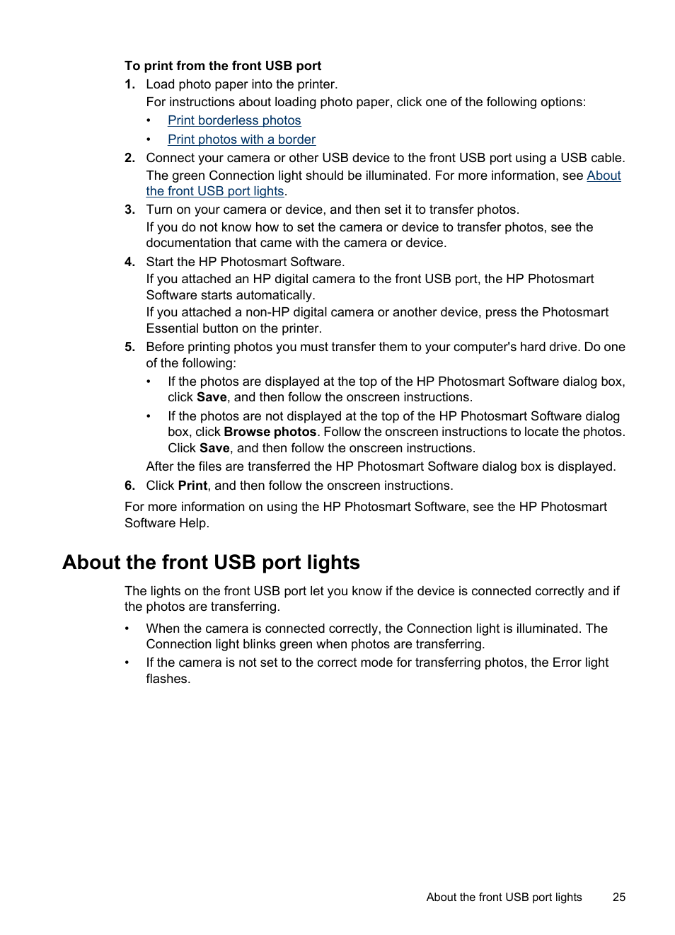 About the front usb port lights | HP Deskjet D4268 Printer User Manual | Page 27 / 116