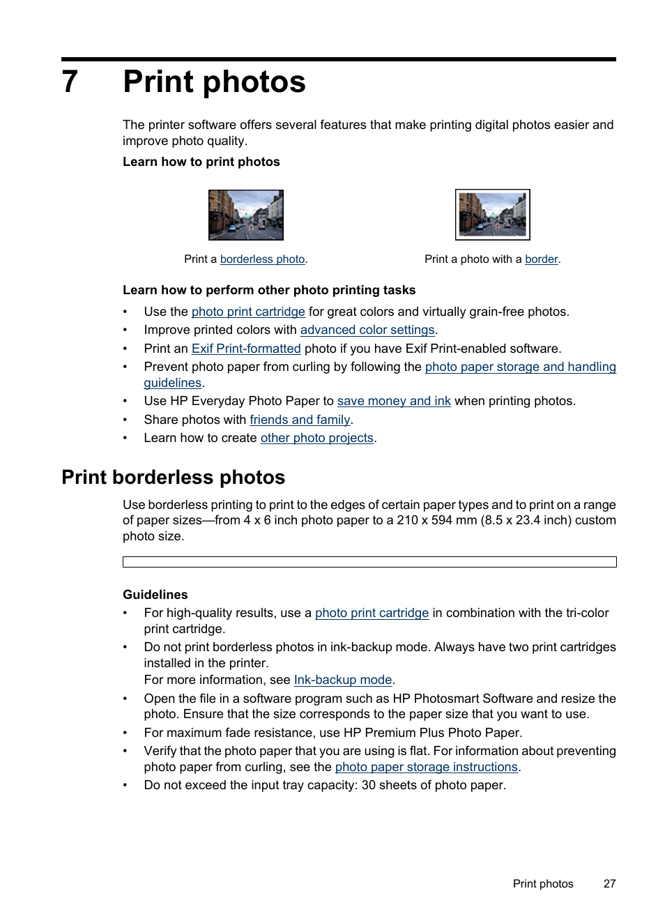 Print photos, Print borderless photos, 7 print photos | Photos, Without borders, 7print photos | HP Deskjet D4268 Printer User Manual | Page 29 / 116