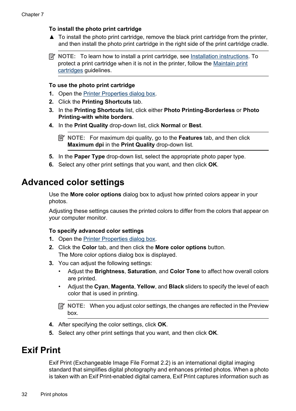 Advanced color settings, Exif print, Advanced color settings exif print | Exif print-formatted | HP Deskjet D4268 Printer User Manual | Page 34 / 116