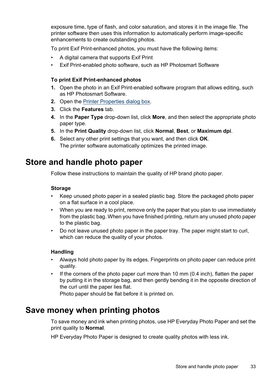 Store and handle photo paper, Save money when printing photos, Photo paper storage and handling | Guidelines, R to, Save money and ink, Photo paper storage instructions | HP Deskjet D4268 Printer User Manual | Page 35 / 116