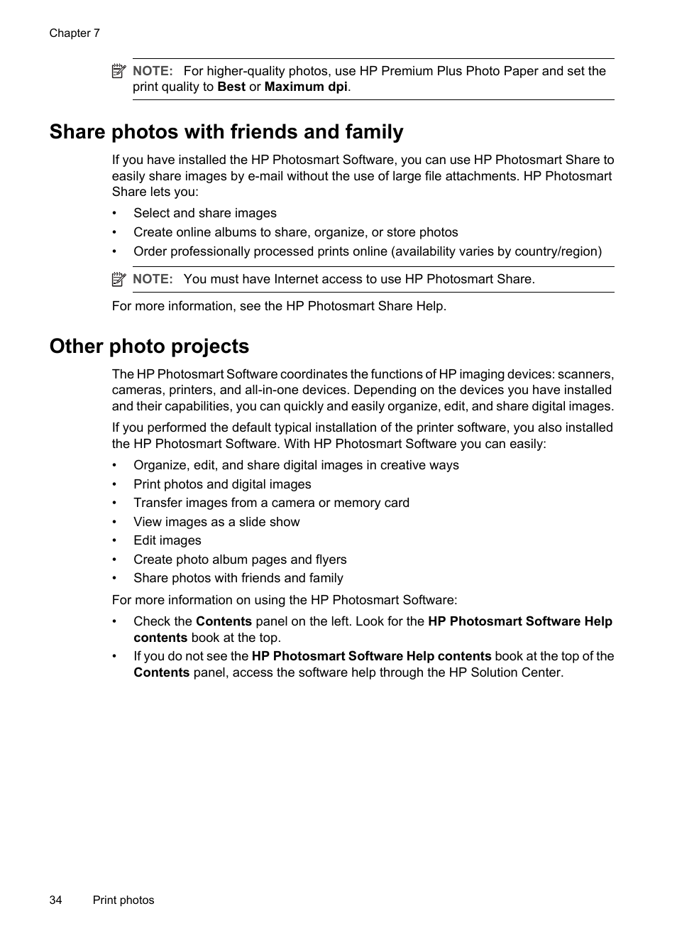 Share photos with friends and family, Other photo projects, Friends and family | HP Deskjet D4268 Printer User Manual | Page 36 / 116