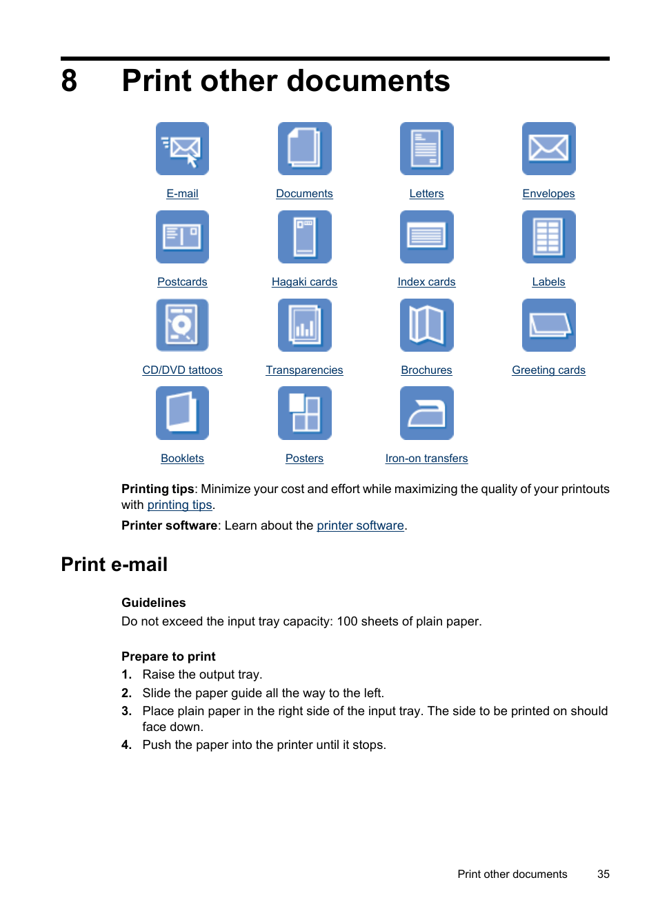 Print other documents, Print e-mail, 8 print other documents | 8print other documents | HP Deskjet D4268 Printer User Manual | Page 37 / 116