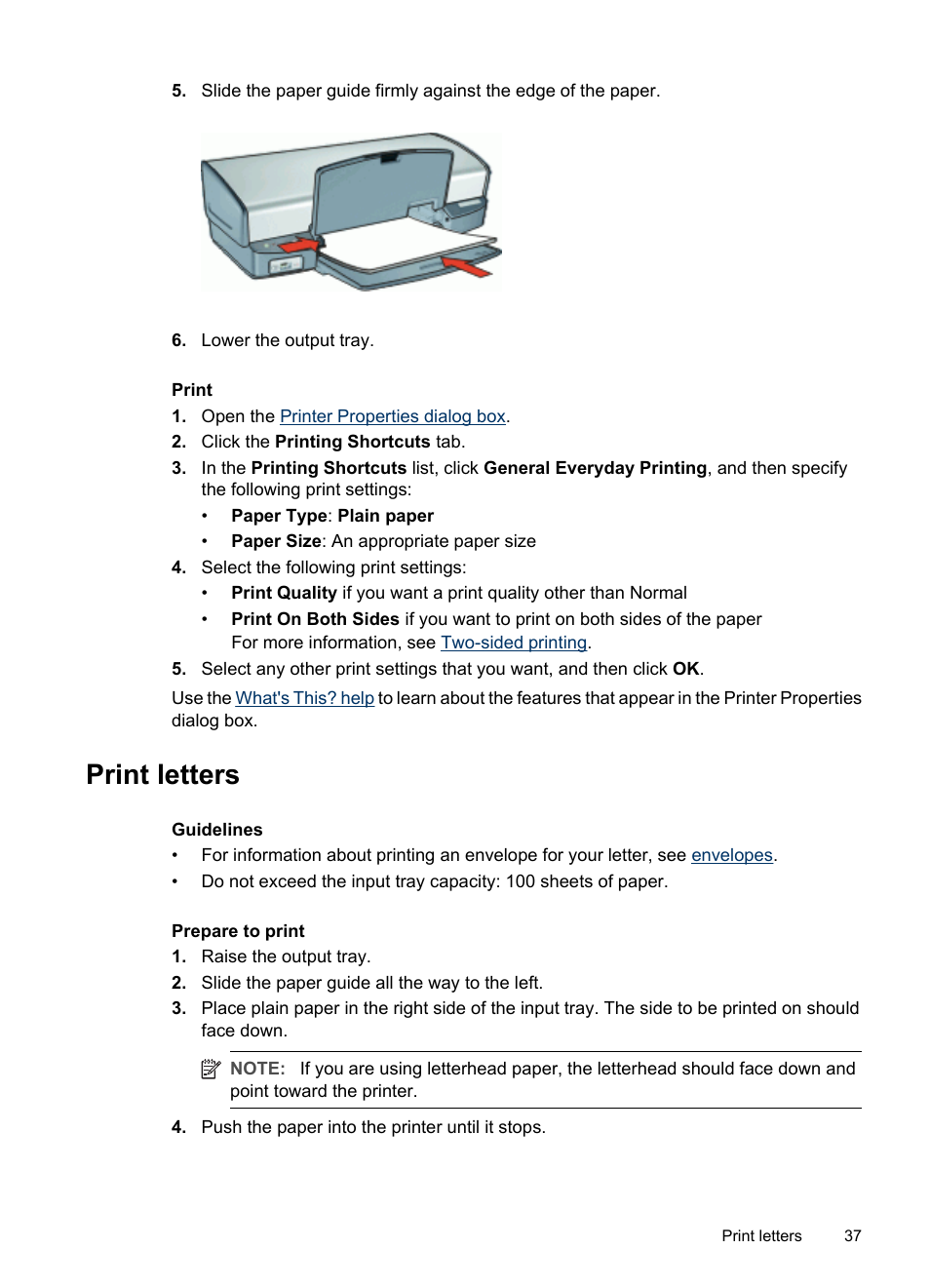 Print letters, Letters | HP Deskjet D4268 Printer User Manual | Page 39 / 116