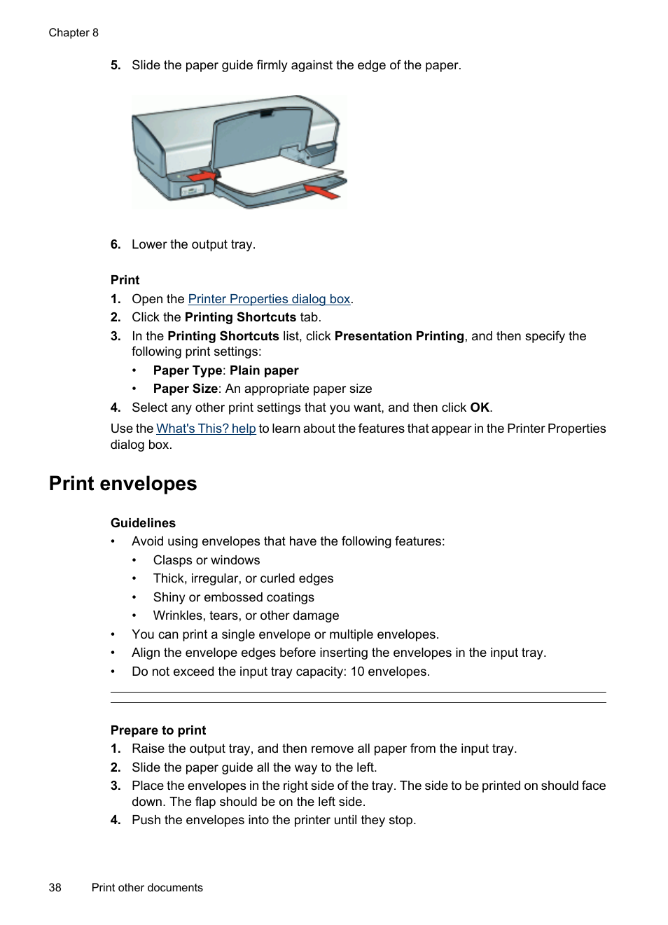 Print envelopes, Envelopes | HP Deskjet D4268 Printer User Manual | Page 40 / 116