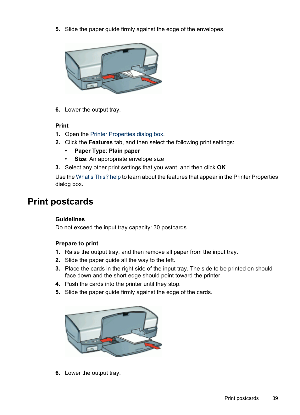 Print postcards, Postcards | HP Deskjet D4268 Printer User Manual | Page 41 / 116