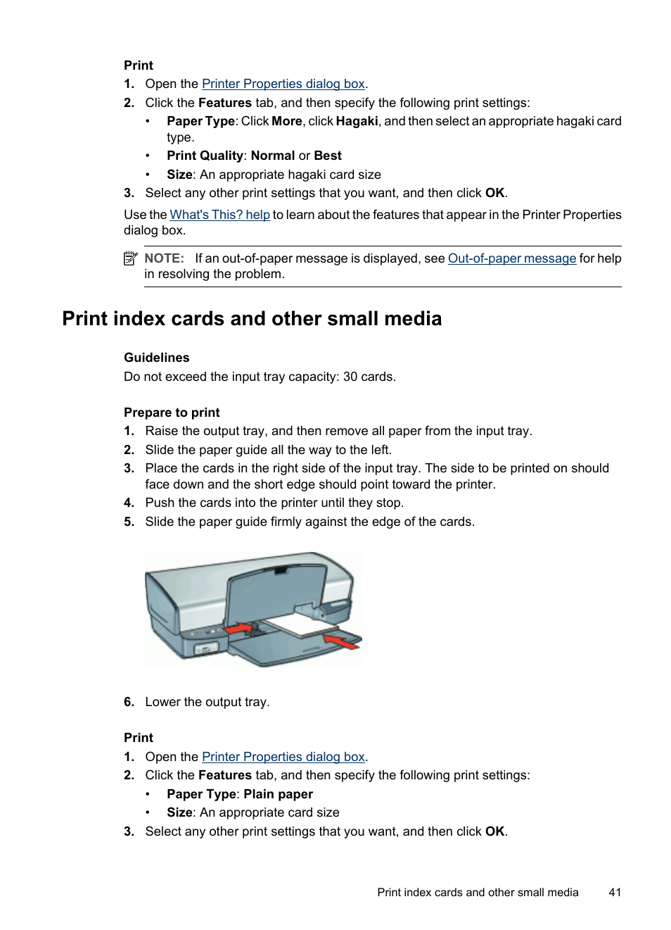 Print index cards and other small media, Index cards | HP Deskjet D4268 Printer User Manual | Page 43 / 116