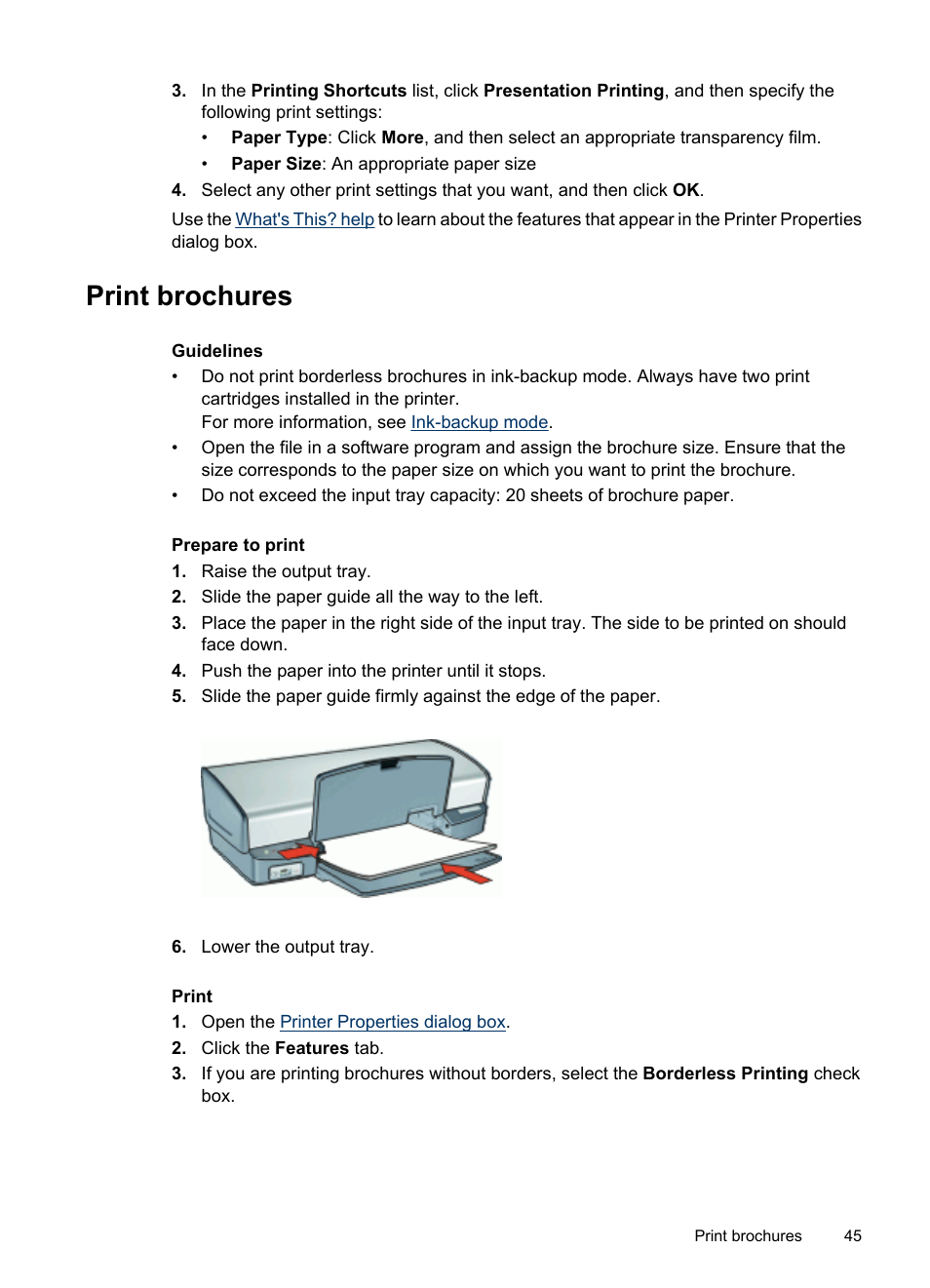 Print brochures, Brochures | HP Deskjet D4268 Printer User Manual | Page 47 / 116