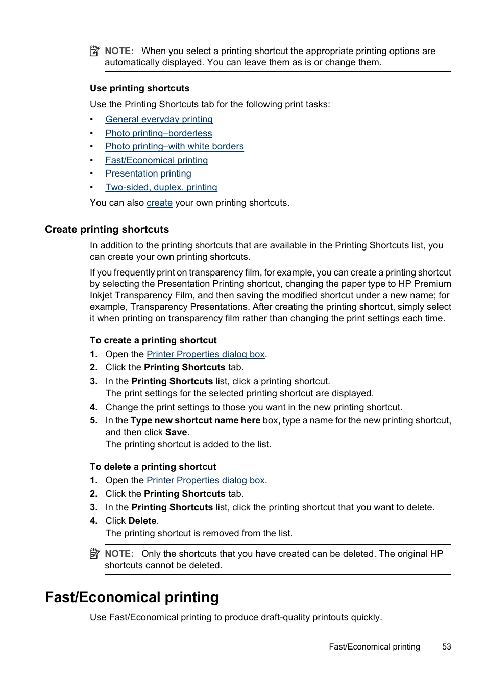 Create printing shortcuts, Fast/economical printing | HP Deskjet D4268 Printer User Manual | Page 55 / 116