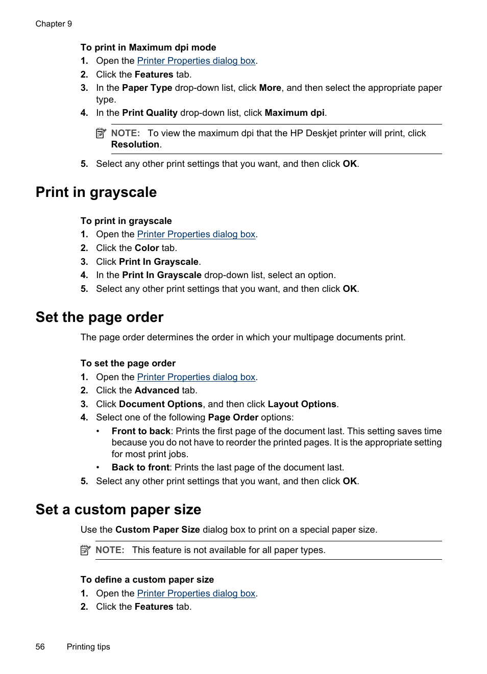 Print in grayscale, Set a custom paper size, Order | Grayscale, Custom paper size, Set the page order | HP Deskjet D4268 Printer User Manual | Page 58 / 116