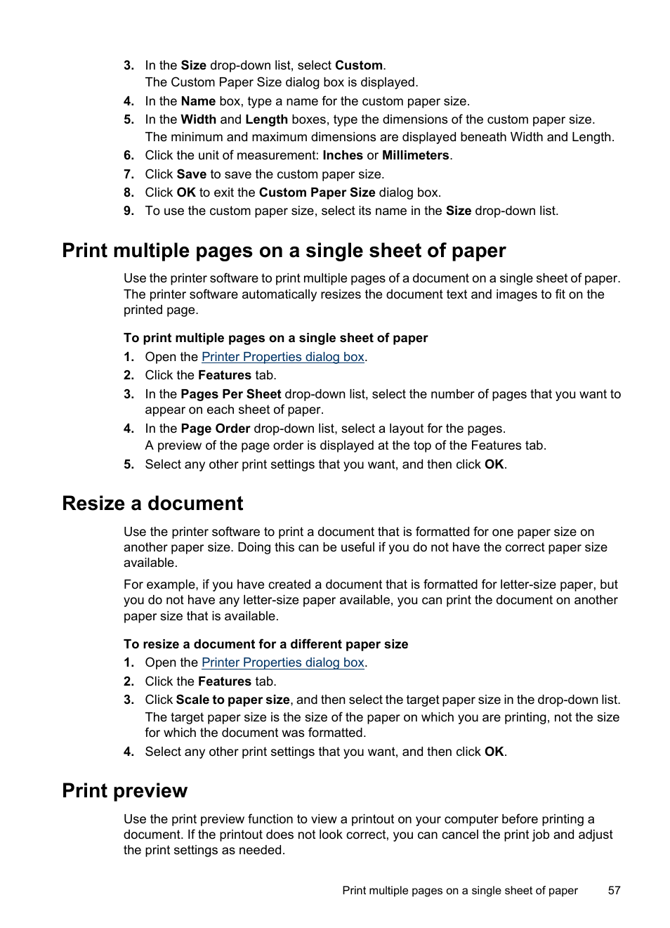 Resize a document, Print preview, Preview | Resize, Print multiple pages on a single sheet of paper | HP Deskjet D4268 Printer User Manual | Page 59 / 116