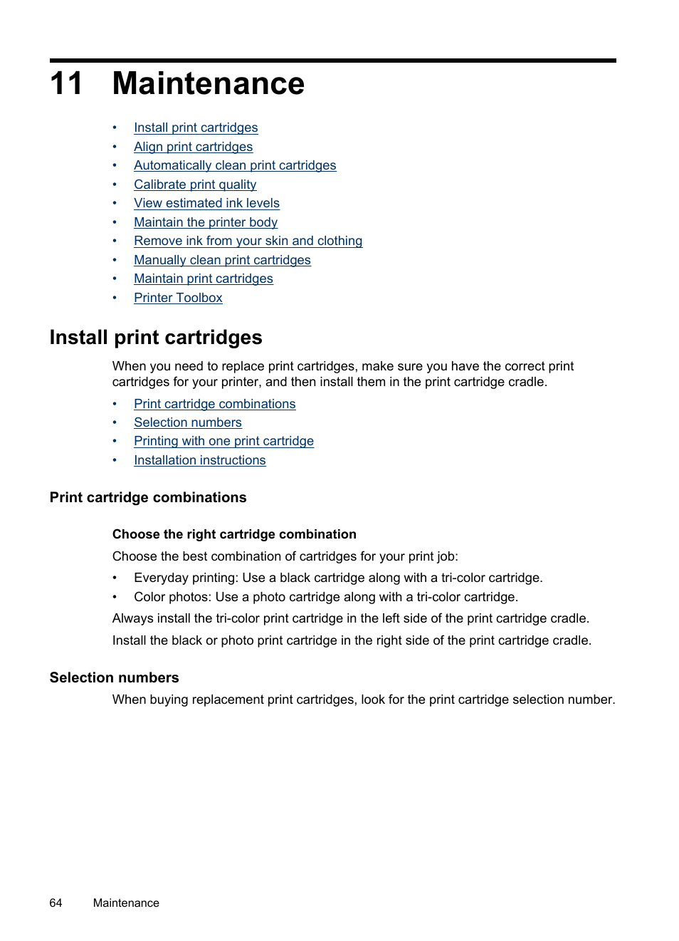 Maintenance, Install print cartridges, Print cartridge combinations | Selection numbers, 11 maintenance | HP Deskjet D4268 Printer User Manual | Page 66 / 116