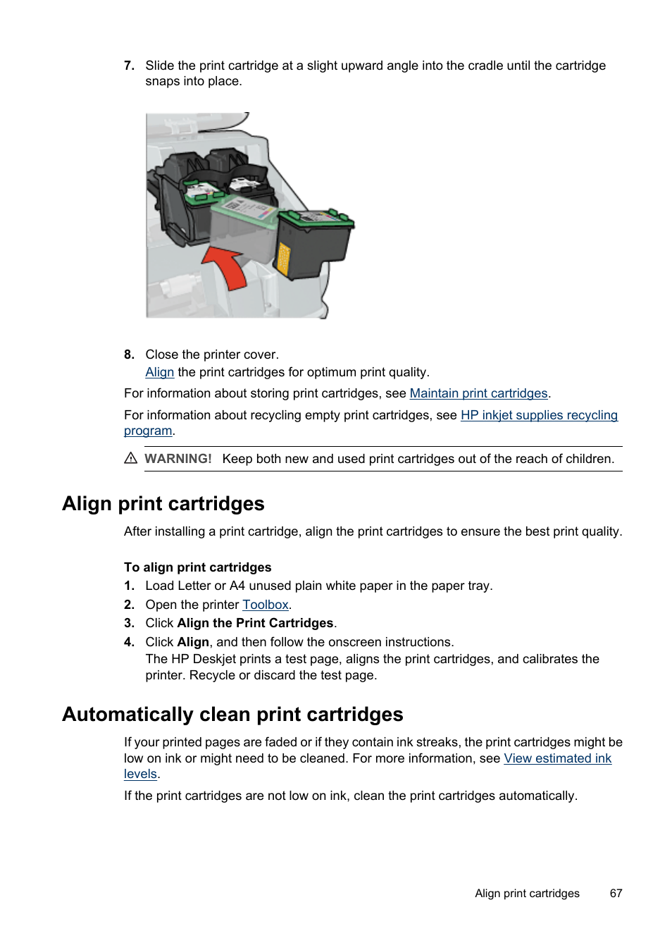 Align print cartridges, Automatically clean print cartridges | HP Deskjet D4268 Printer User Manual | Page 69 / 116