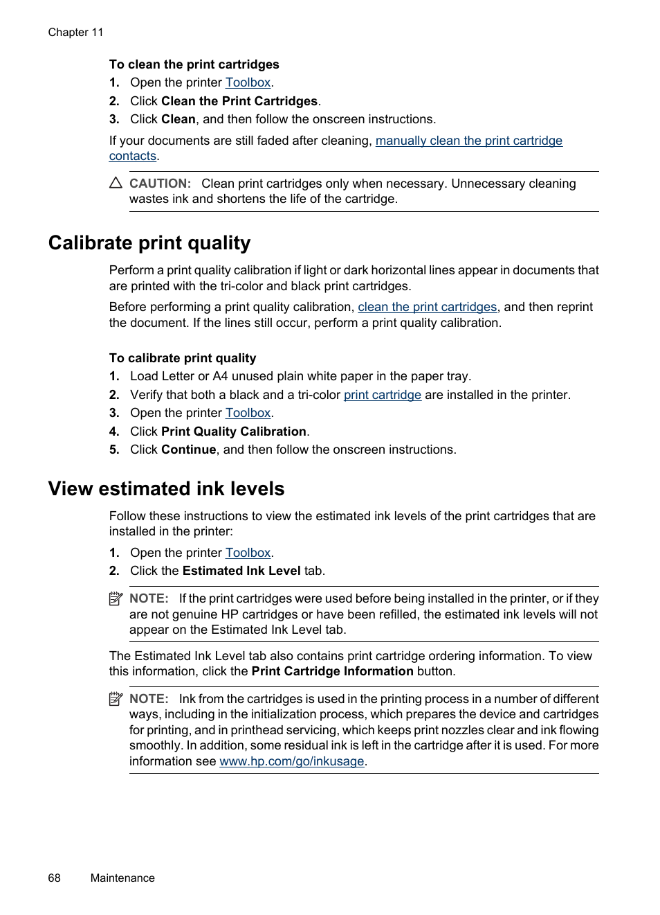 Calibrate print quality, View estimated ink levels, Calibrate print quality view estimated ink levels | View estimated ink, Levels | HP Deskjet D4268 Printer User Manual | Page 70 / 116