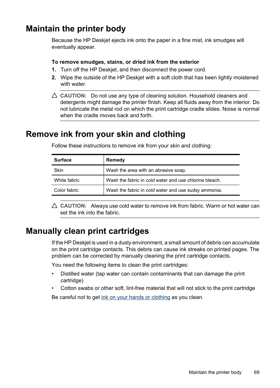 Maintain the printer body, Remove ink from your skin and clothing, Manually clean print cartridges | Manually clean the print cartridge, Contacts | HP Deskjet D4268 Printer User Manual | Page 71 / 116