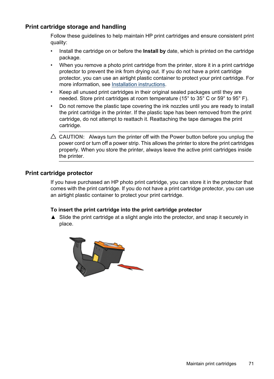 Print cartridge storage and handling, Print cartridge protector | HP Deskjet D4268 Printer User Manual | Page 73 / 116