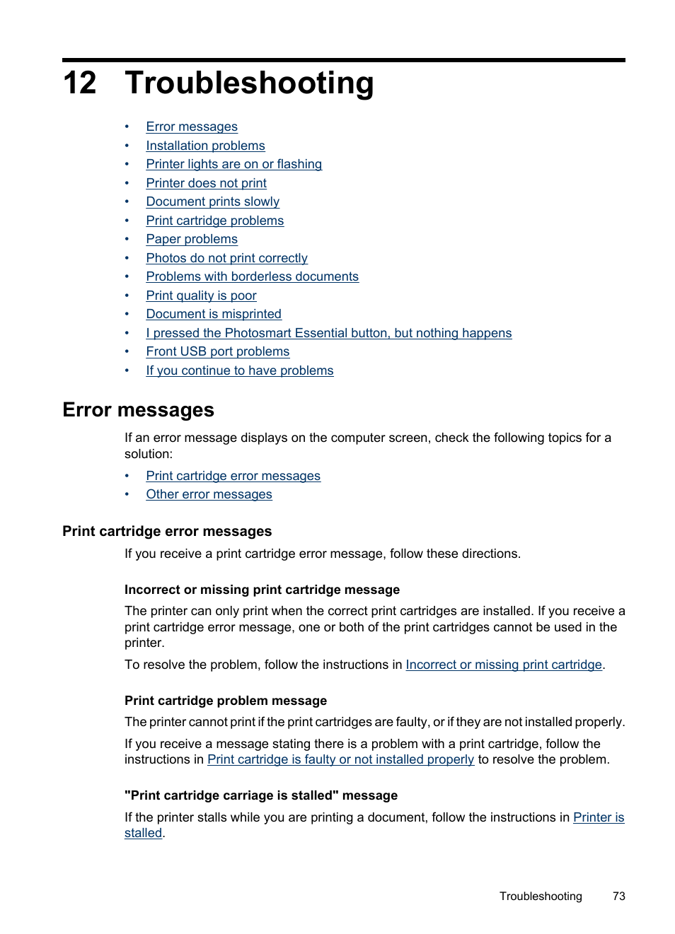 Troubleshooting, Error messages, Print cartridge error messages | 12 troubleshooting | HP Deskjet D4268 Printer User Manual | Page 75 / 116